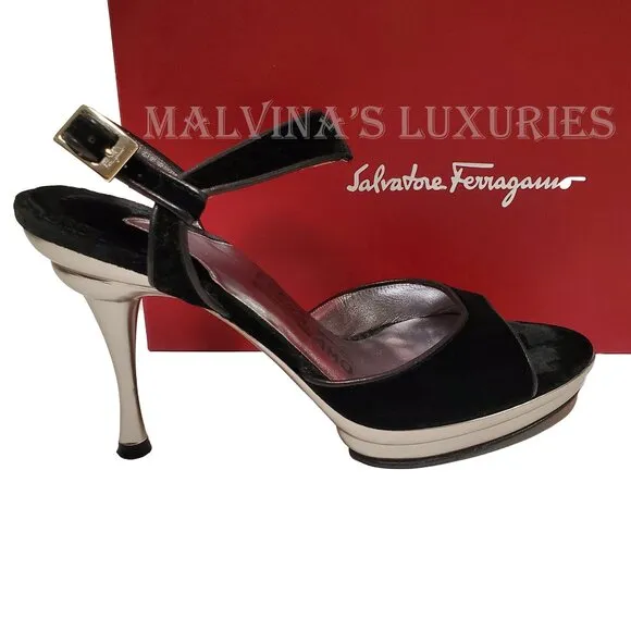 SALVATORE FERRAGAMO SHOES BLACK VELVET BRAY HIGH HEEL SANDALS sz 7.5