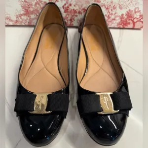 Salvatore Ferragamo Varina Black Patent Leather Ballet Flats, Size 8.5