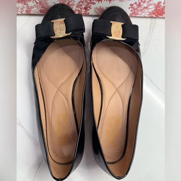 Salvatore Ferragamo Varina Black Patent Leather Ballet Flats, Size 8.5