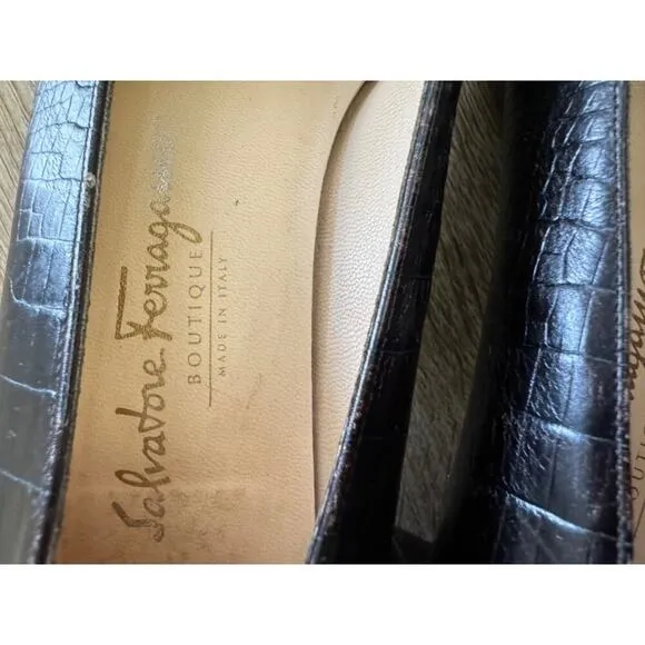Salvatore Ferragamo Vintage Leather Croc Embossed Leather Block Heel Shoes 8.5