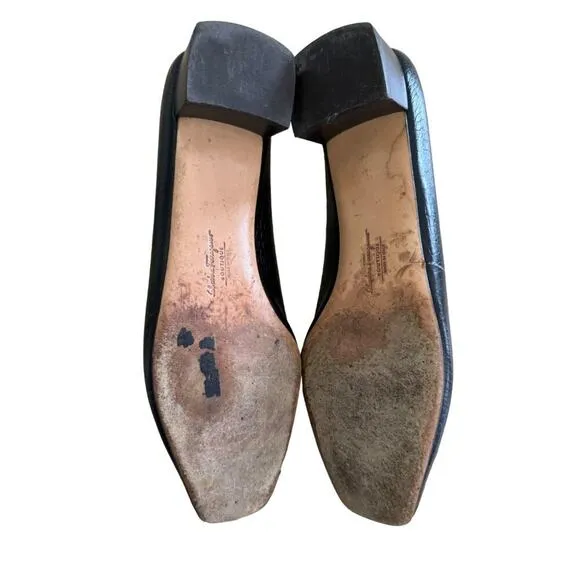 Salvatore Ferragamo Vintage Leather Croc Embossed Leather Block Heel Shoes 8.5
