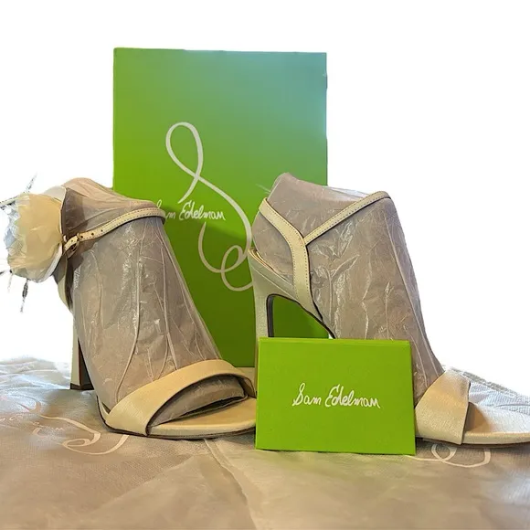 Sam Edelman Leana Silk Flower Strappy Sandals Dress Formal Heels Pearl Ivory 8.5