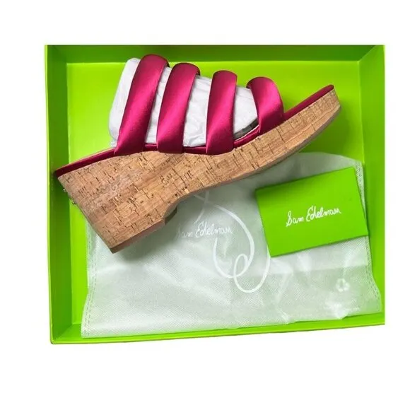 Sam Edelman Womens Red Satin Strappy Open Toe Cork Wedge Sandals Sz 8.5 M NIB