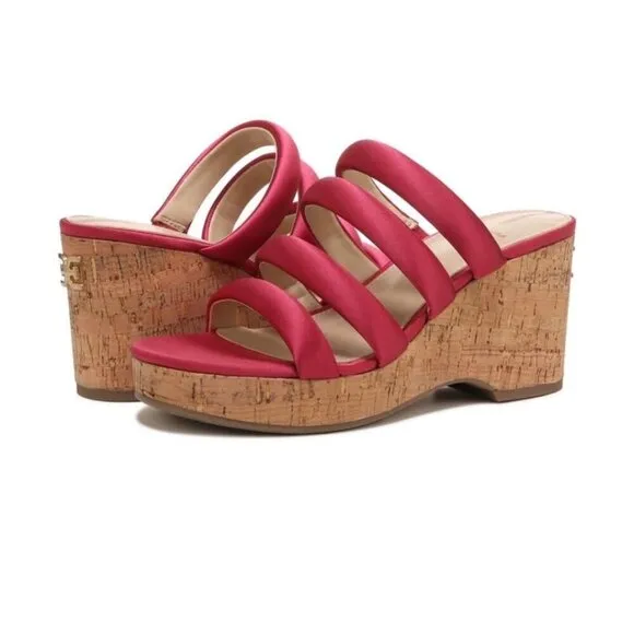 Sam Edelman Womens Red Satin Strappy Open Toe Cork Wedge Sandals Sz 8.5 M NIB
