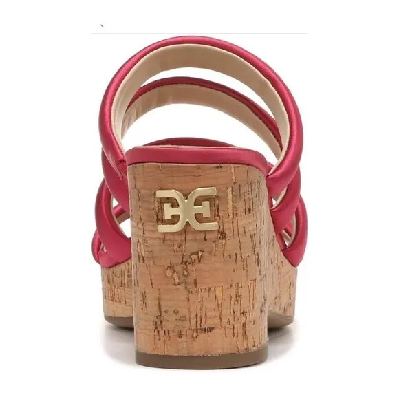 Sam Edelman Womens Red Satin Strappy Open Toe Cork Wedge Sandals Sz 8.5 M NIB