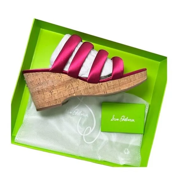Sam Edelman Womens Red Satin Strappy Open Toe Cork Wedge Sandals Sz 8.5 M NIB