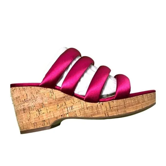 Sam Edelman Womens Red Satin Strappy Open Toe Cork Wedge Sandals Sz 8.5 M NIB