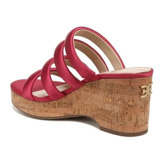Sam Edelman Womens Red Satin Strappy Open Toe Cork Wedge Sandals Sz 8.5 M NIB