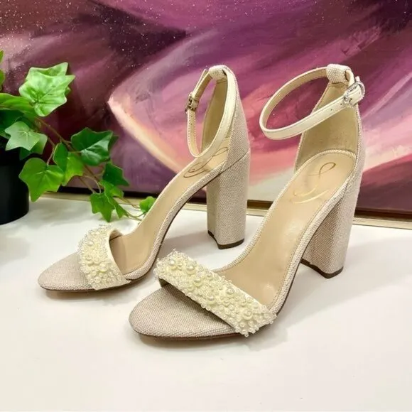 SAM EDELMAN Yaro Perl Block Heel Sandal in Modern Ivory Size 8.5