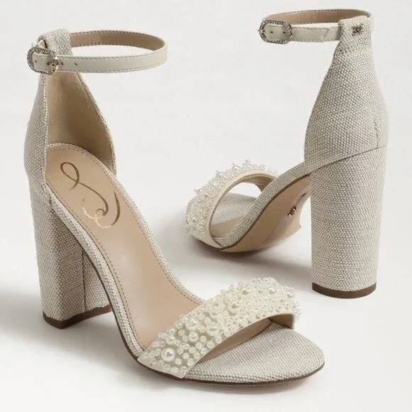 SAM EDELMAN Yaro Perl Block Heel Sandal in Modern Ivory Size 8.5