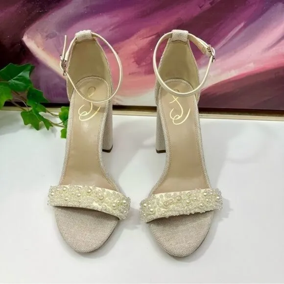SAM EDELMAN Yaro Perl Block Heel Sandal in Modern Ivory Size 8.5