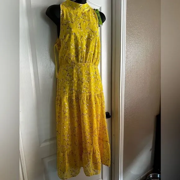 SAM EDELMAN High neck tie back midi dress yellow crepe vibrant Brat Girl 6 NWT
