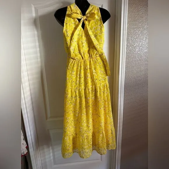 SAM EDELMAN High neck tie back midi dress yellow crepe vibrant Brat Girl 6 NWT