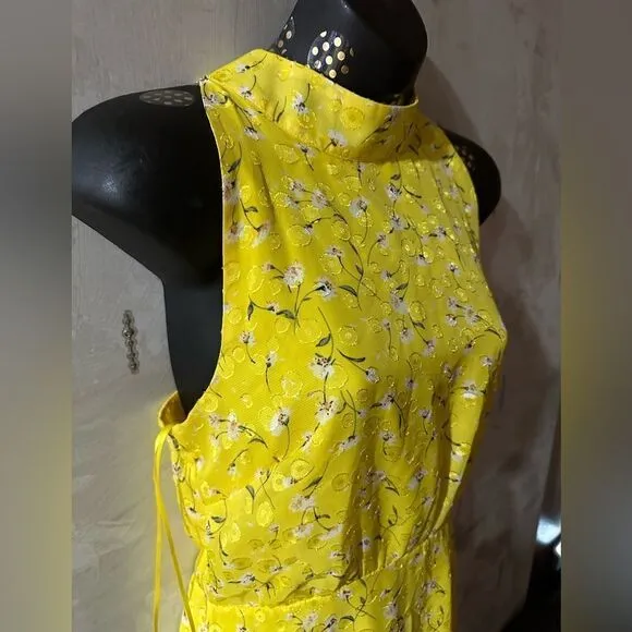 SAM EDELMAN High neck tie back midi dress yellow crepe vibrant Brat Girl 6 NWT