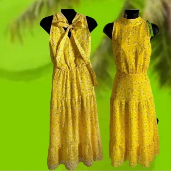 SAM EDELMAN High neck tie back midi dress yellow crepe vibrant Brat Girl 6 NWT