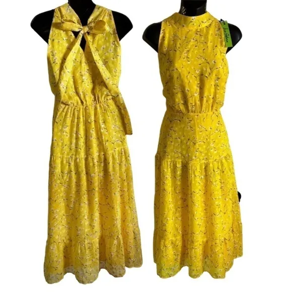 SAM EDELMAN High neck tie back midi dress yellow crepe vibrant Brat Girl 6 NWT