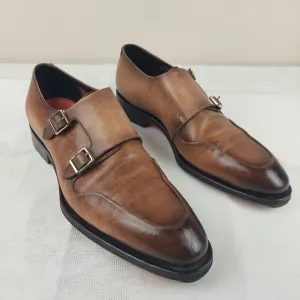 Santoni Double Monk Strap Shoes 11.5 Burnished Brown Leather Gold Buckle