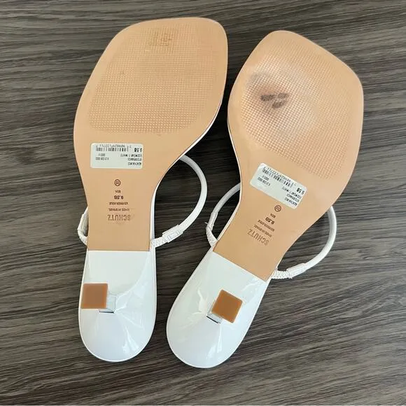 Schutz Agatha Mid Leather Strappy White Square Toe Kitten Heel Slide Sandals 9.5