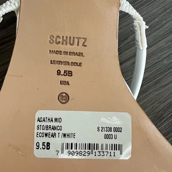 Schutz Agatha Mid Leather Strappy White Square Toe Kitten Heel Slide Sandals 9.5