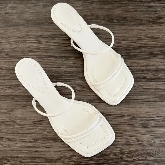 Schutz Agatha Mid Leather Strappy White Square Toe Kitten Heel Slide Sandals 9.5