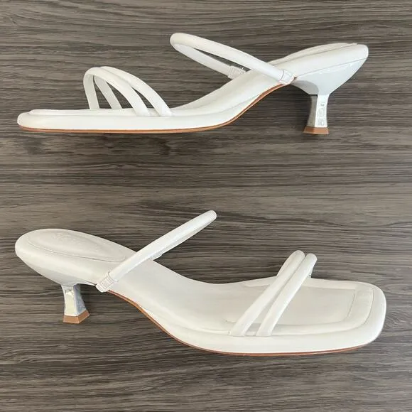 Schutz Agatha Mid Leather Strappy White Square Toe Kitten Heel Slide Sandals 9.5