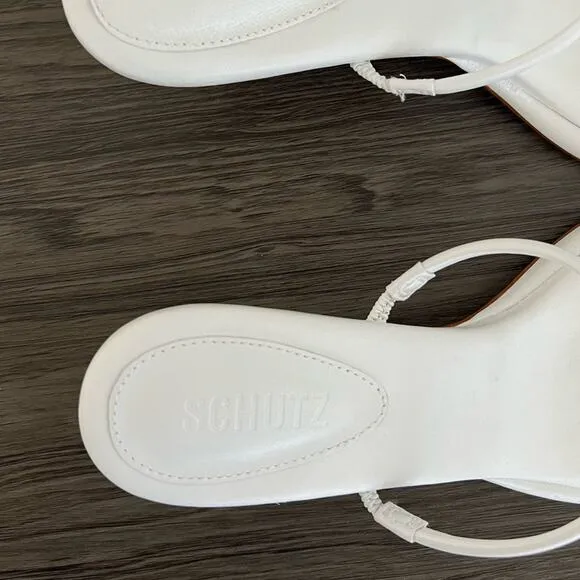 Schutz Agatha Mid Leather Strappy White Square Toe Kitten Heel Slide Sandals 9.5