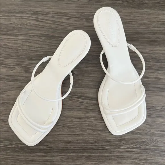 Schutz Agatha Mid Leather Strappy White Square Toe Kitten Heel Slide Sandals 9.5