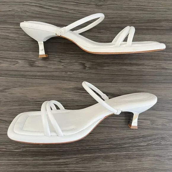 Schutz Agatha Mid Leather Strappy White Square Toe Kitten Heel Slide Sandals 9.5