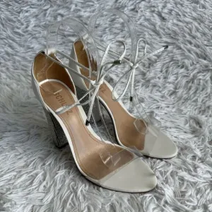 SCHUTZ Anahe White Leather and Vinyl Ankle Tie Rhinestone Heel Sandals Size 6.5