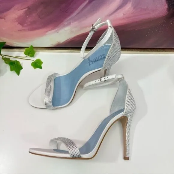 SCHUTZ Cadey Lee Embellished Ankle Strap Stiletto Heel Sandal in White Size 9.5
