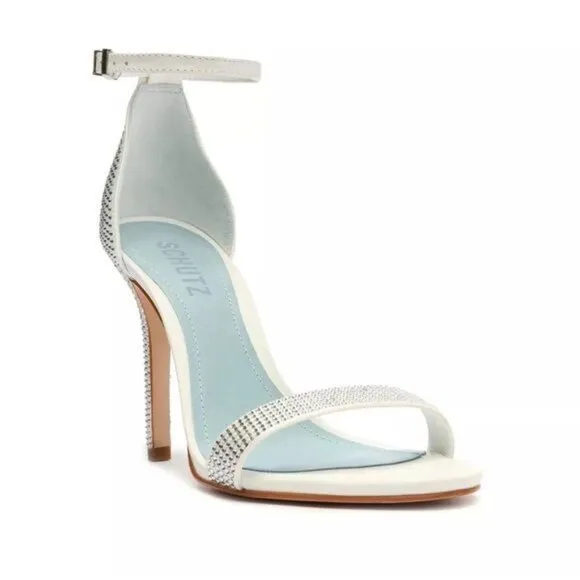 SCHUTZ Cadey Lee Embellished Ankle Strap Stiletto Heel Sandal in White Size 9.5