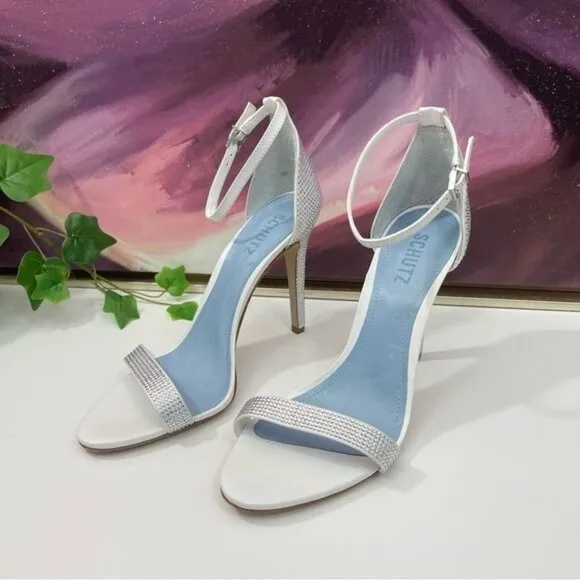 SCHUTZ Cadey Lee Embellished Ankle Strap Stiletto Heel Sandal in White Size 9.5