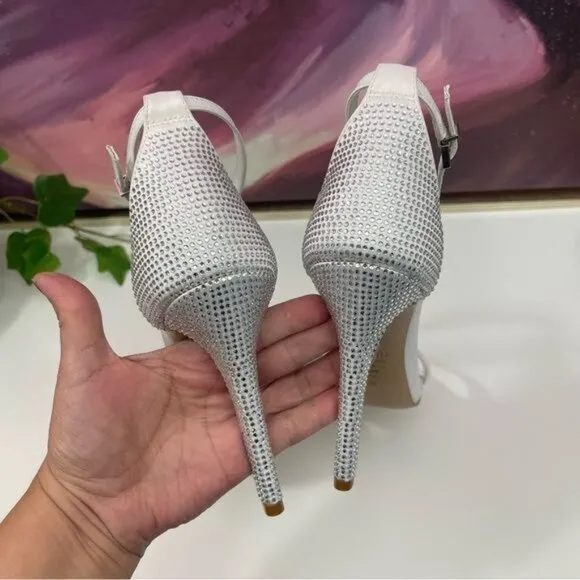 SCHUTZ Cadey Lee Embellished Ankle Strap Stiletto Heel Sandal in White Size 9.5