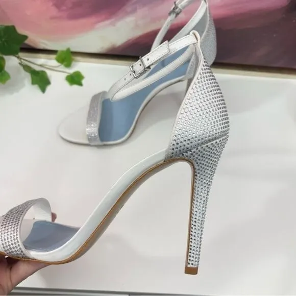 SCHUTZ Cadey Lee Embellished Ankle Strap Stiletto Heel Sandal in White Size 9.5