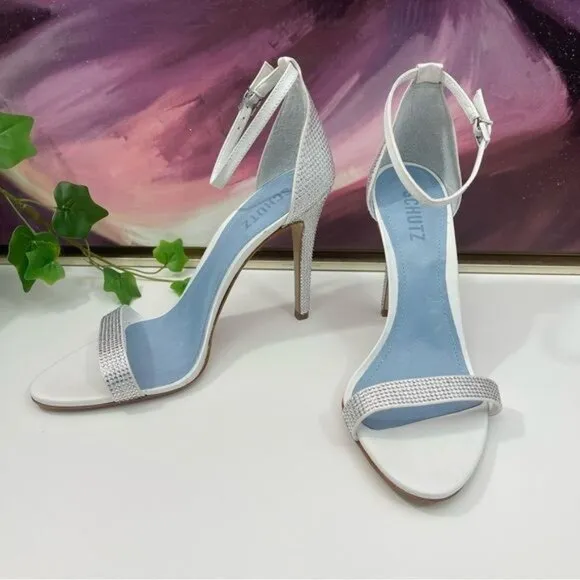 SCHUTZ Cadey Lee Embellished Ankle Strap Stiletto Heel Sandal in White Size 9.5