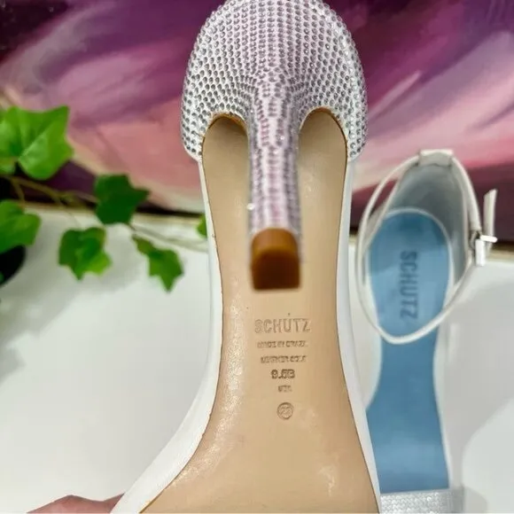 SCHUTZ Cadey Lee Embellished Ankle Strap Stiletto Heel Sandal in White Size 9.5