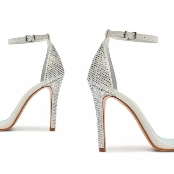 SCHUTZ Cadey Lee Embellished Ankle Strap Stiletto Heel Sandal in White Size 9.5