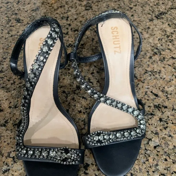 Schutz Elegant Black Strappy Heels with stones