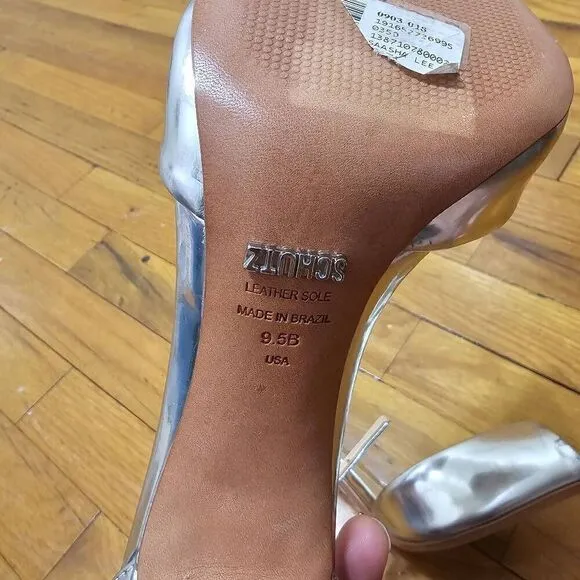 Schutz Heel Silver Shoes Size 9.5B Saasha Lee Metallic Leather Open Toe Ankle St