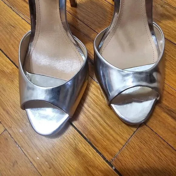 Schutz Heel Silver Shoes Size 9.5B Saasha Lee Metallic Leather Open Toe Ankle St