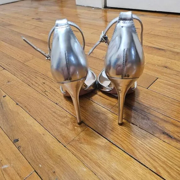 Schutz Heel Silver Shoes Size 9.5B Saasha Lee Metallic Leather Open Toe Ankle St