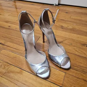 Schutz Heel Silver Shoes Size 9.5B Saasha Lee Metallic Leather Open Toe Ankle St