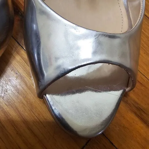 Schutz Heel Silver Shoes Size 9.5B Saasha Lee Metallic Leather Open Toe Ankle St