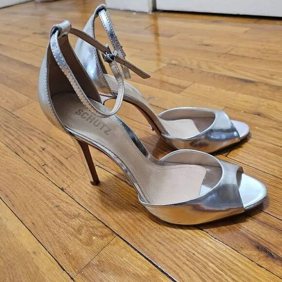 Schutz Heel Silver Shoes Size 9.5B Saasha Lee Metallic Leather Open Toe Ankle St