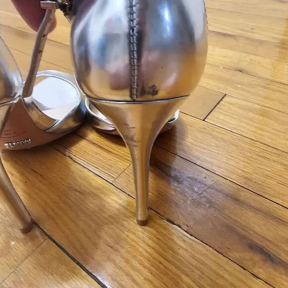 Schutz Heel Silver Shoes Size 9.5B Saasha Lee Metallic Leather Open Toe Ankle St