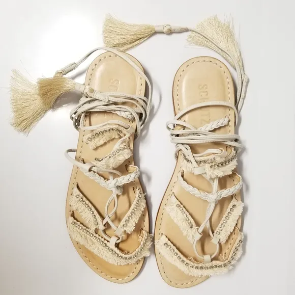 Schutz Jolina Strappy Crystal Embellished Wrap Sandals in Pearl 8M NWT