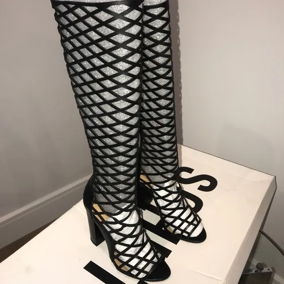 Schutz Liza Leather Block Heel Gladiator Knee-High