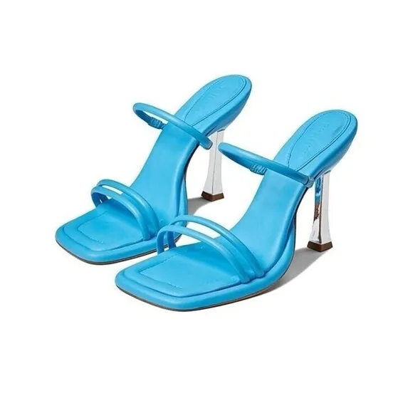 Schutz Womens 9.5 True Blue Silver Shoes Agatha Square Toe Sandal Heels Shoes