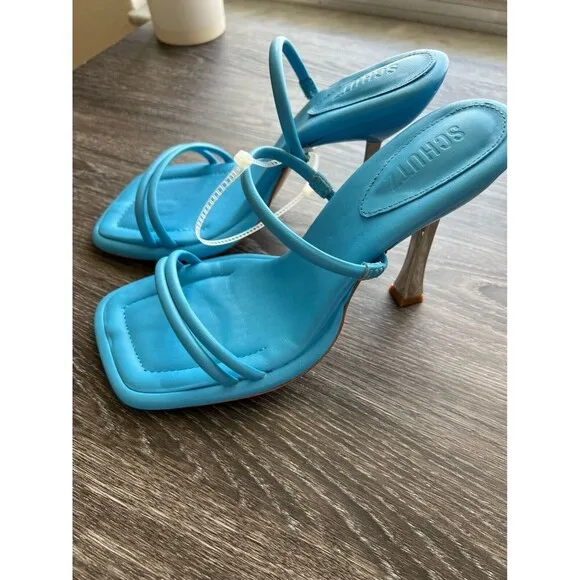 Schutz Womens 9.5 True Blue Silver Shoes Agatha Square Toe Sandal Heels Shoes