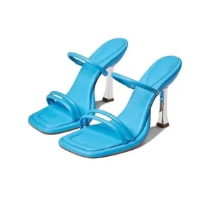 Schutz Womens 9.5 True Blue Silver Shoes Agatha Square Toe Sandal Heels Shoes